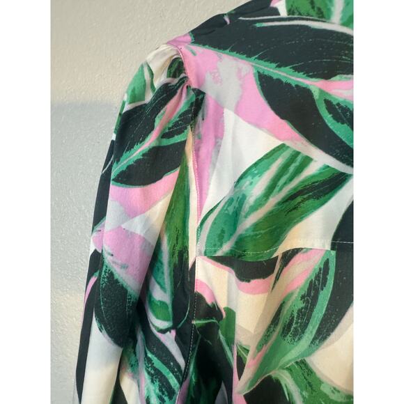 Lane Bryant Sz 18 BeautiCurve Silky Dress Green Pink Leaf Print Belted tailored - Picture 8 of 10